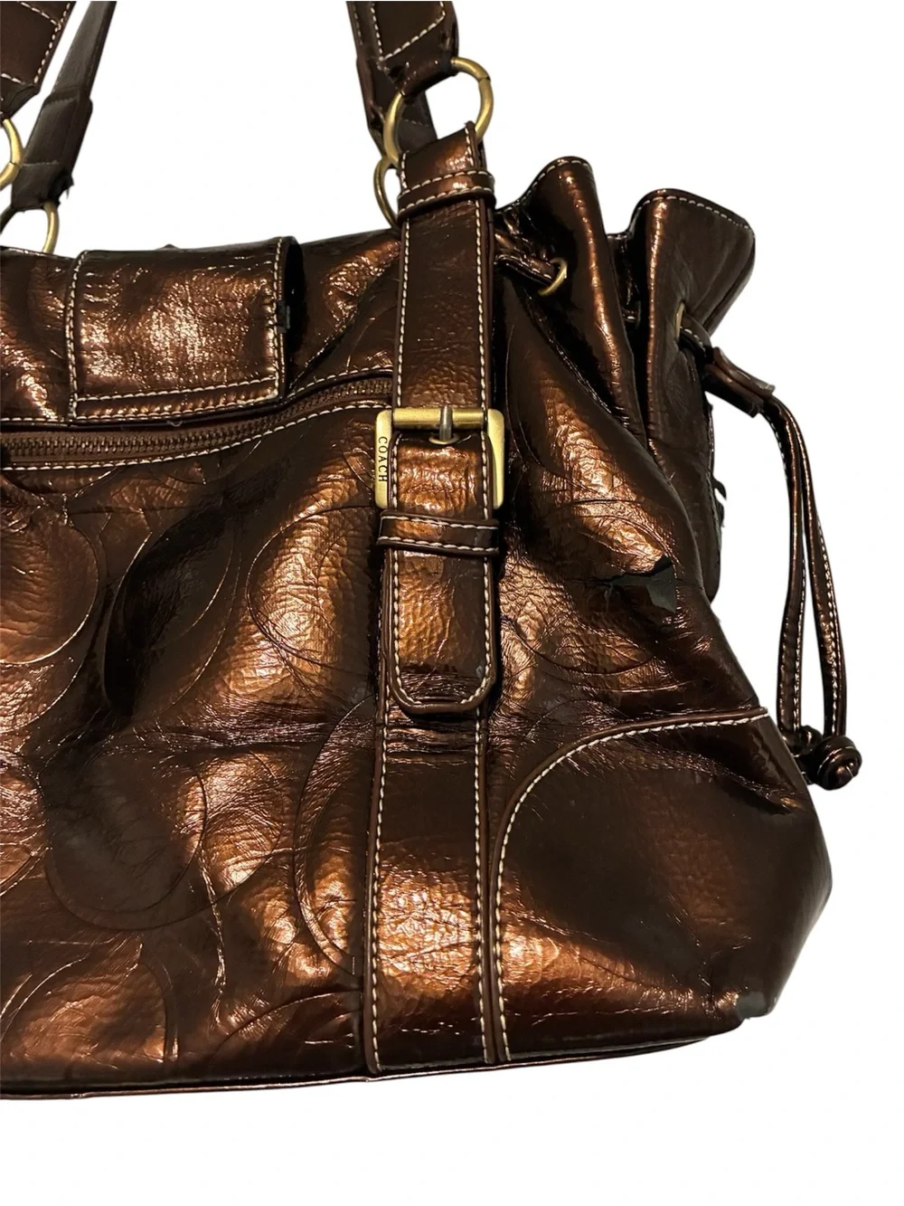 Vintage Y2K Coach Metallic Bronze Signature Drawstring Tote Shoulder Bag